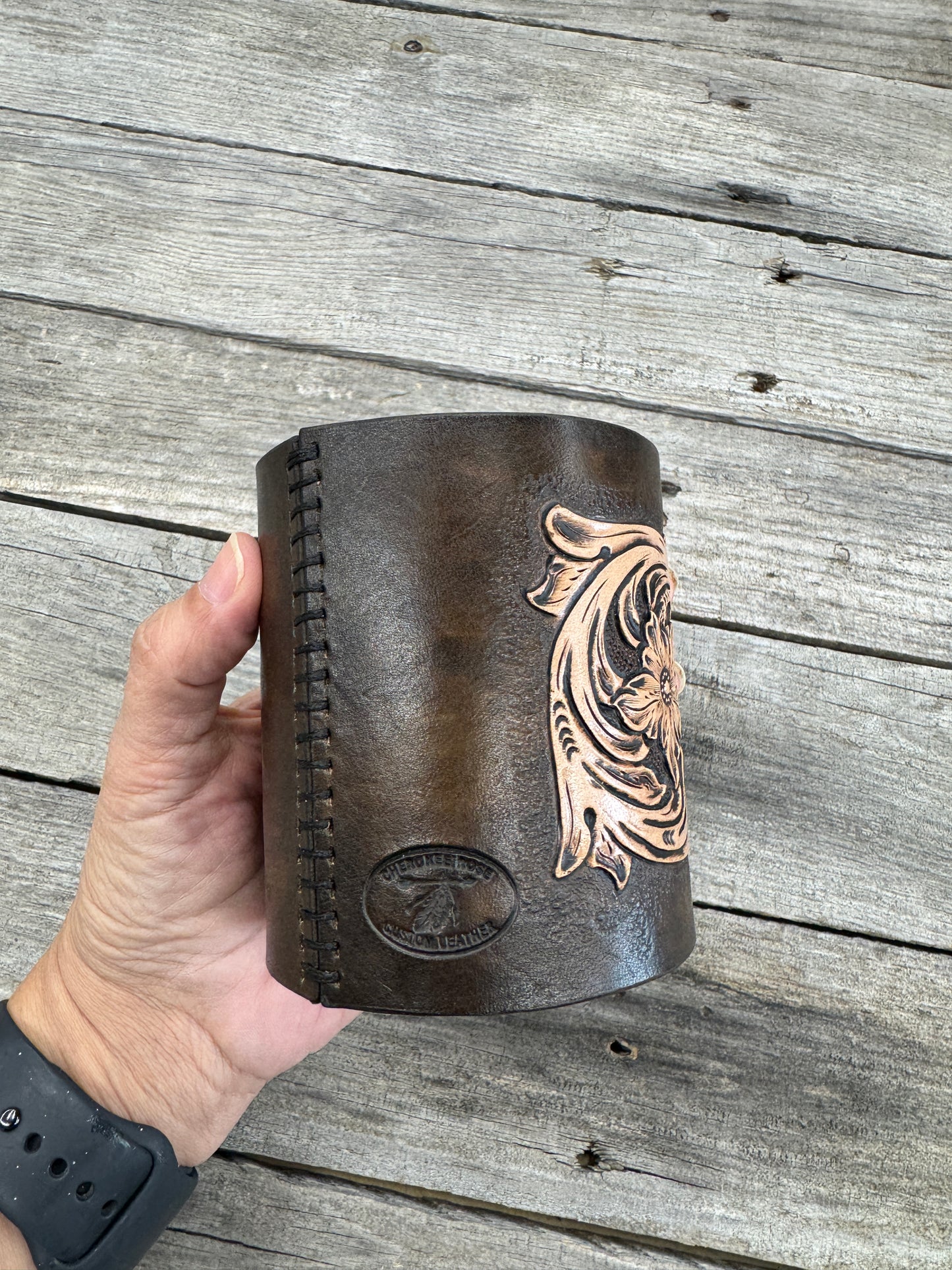 Sheridan Style Leather Desk Organizer – Hand Tooled Floral Pen Holder