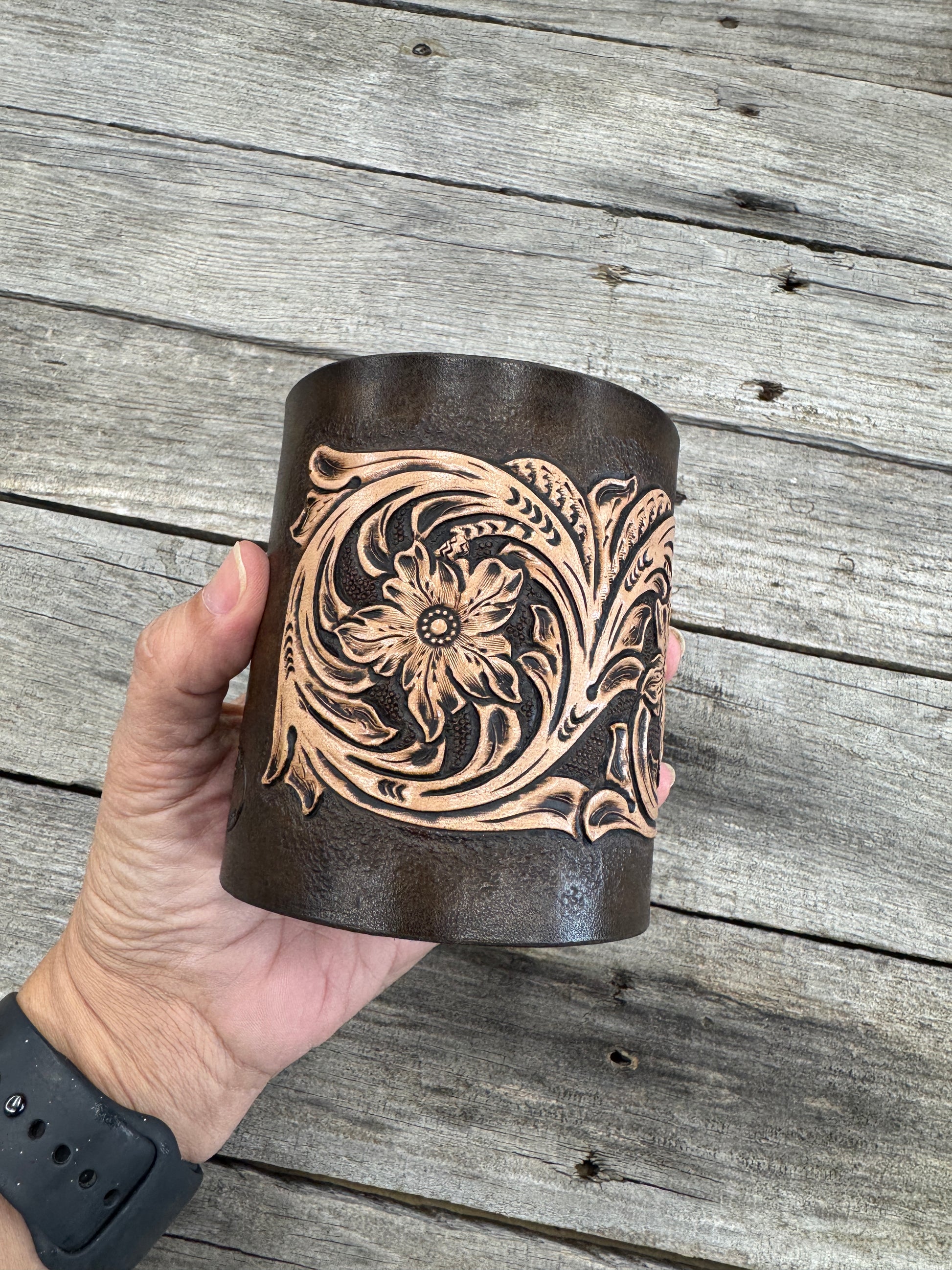 tooled leather desk accessory rustic