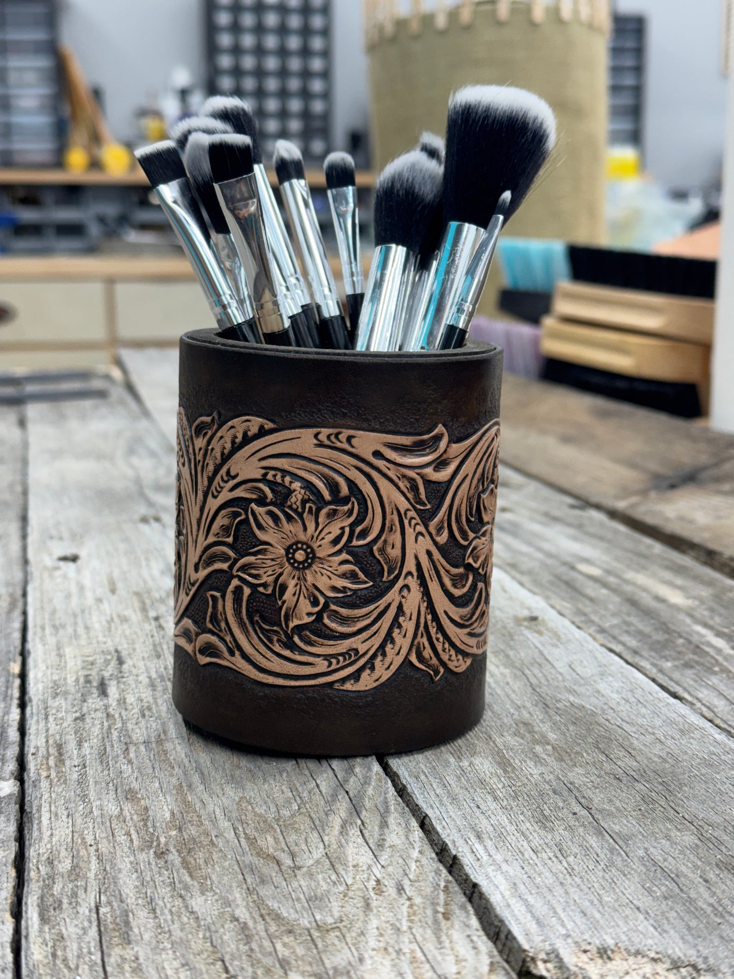 leather brush holder western style