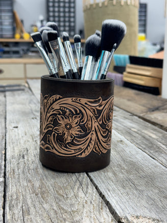 leather brush holder western style
