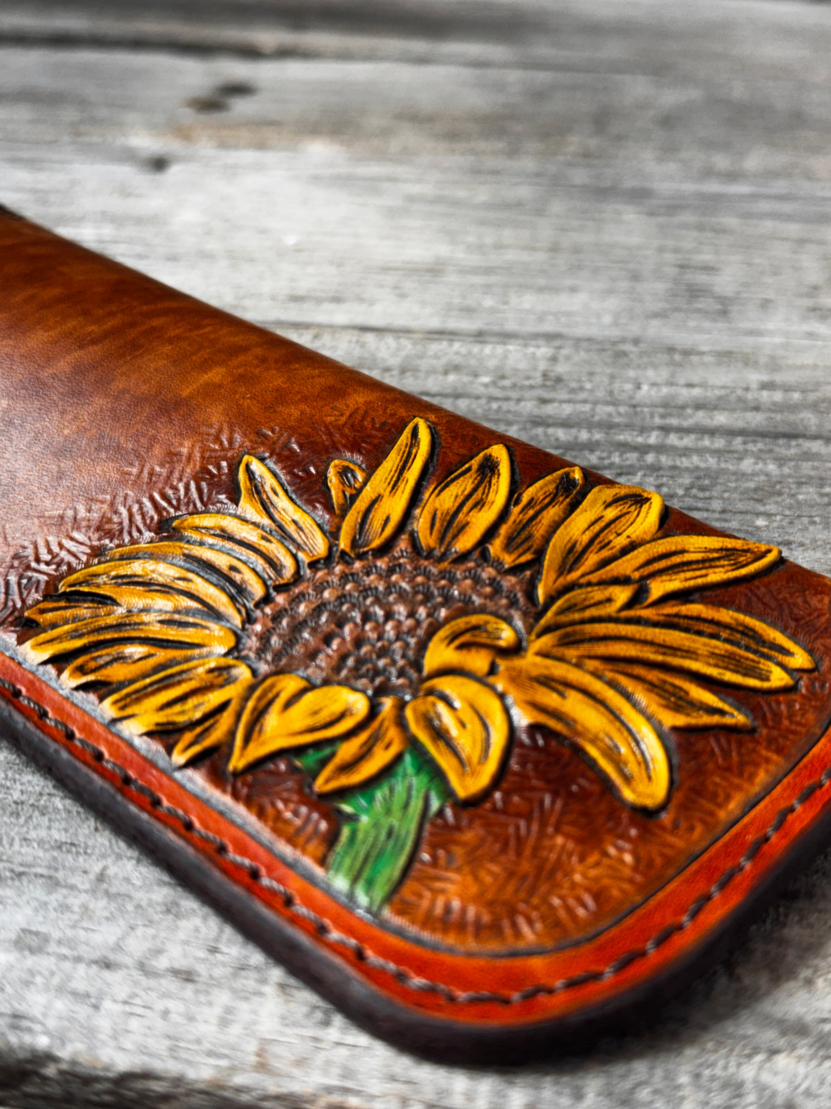 Hand Carved Sunflower Leather Eyeglass Case