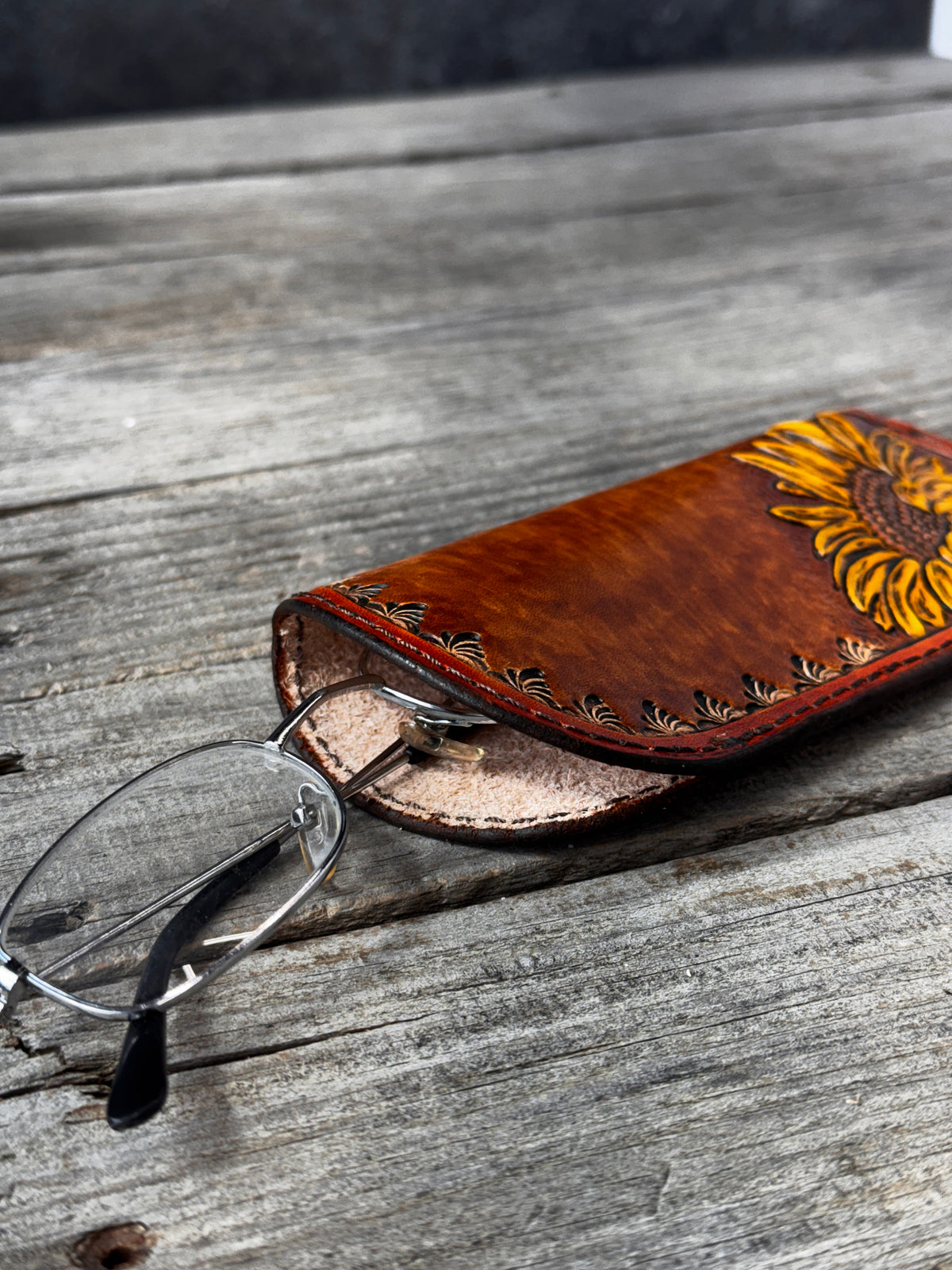 Hand Carved Sunflower Leather Eyeglass Case