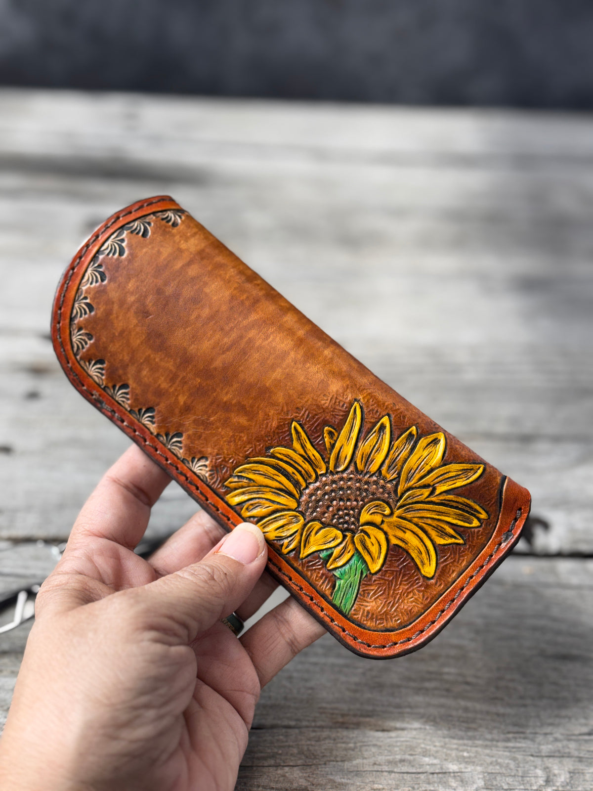 Hand Carved Sunflower Leather Eyeglass Case