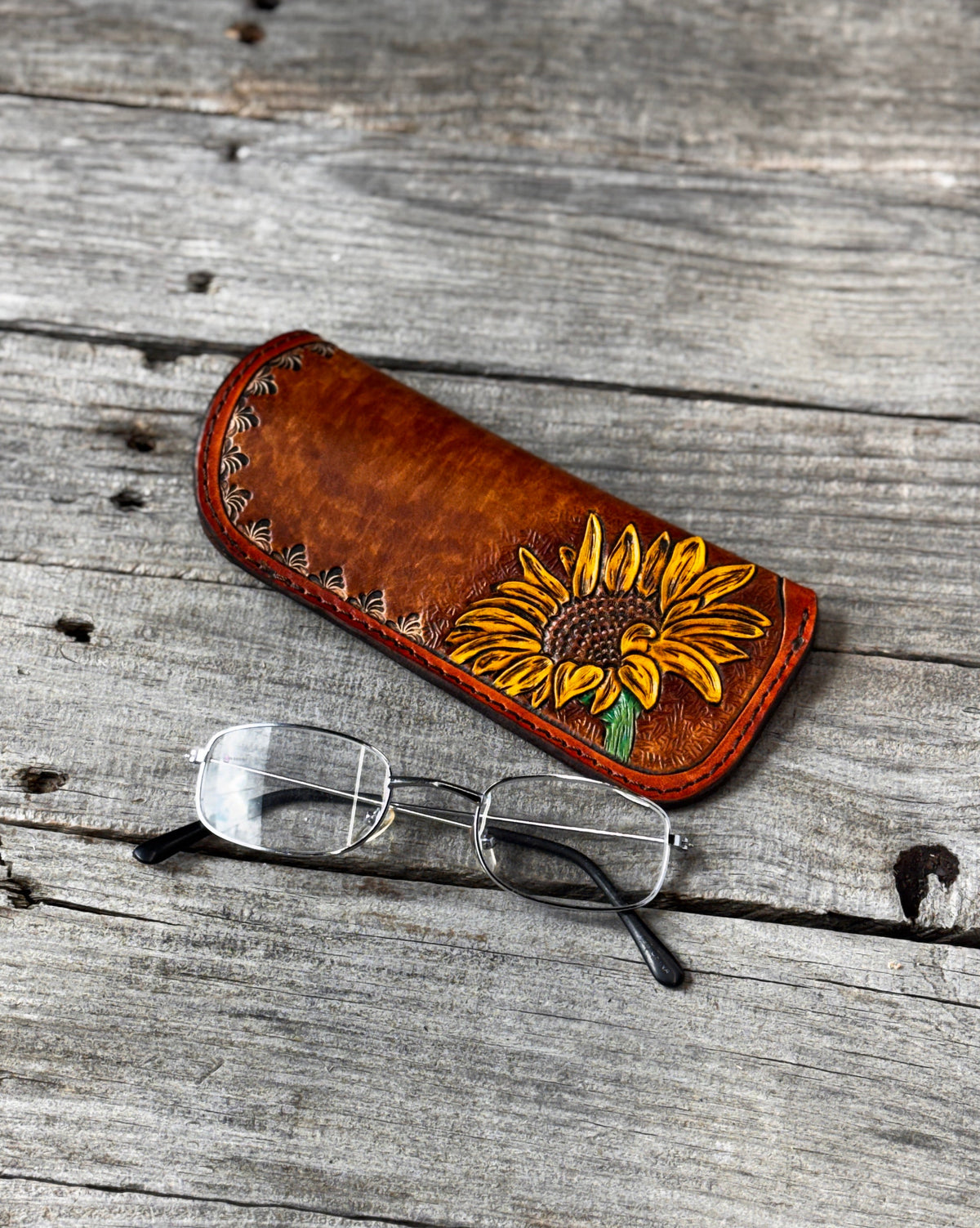 Hand Carved Sunflower Leather Eyeglass Case
