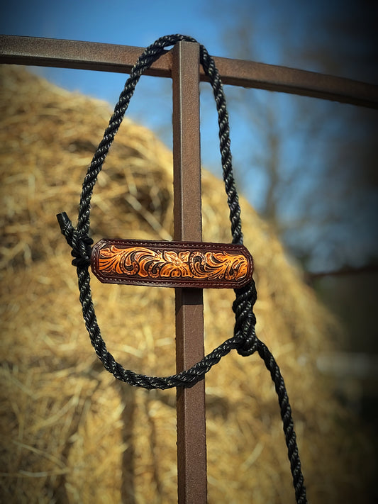 Hand Tooled Leather Noseband Rope Cattle Halter – Floral Carved Leather Noseband