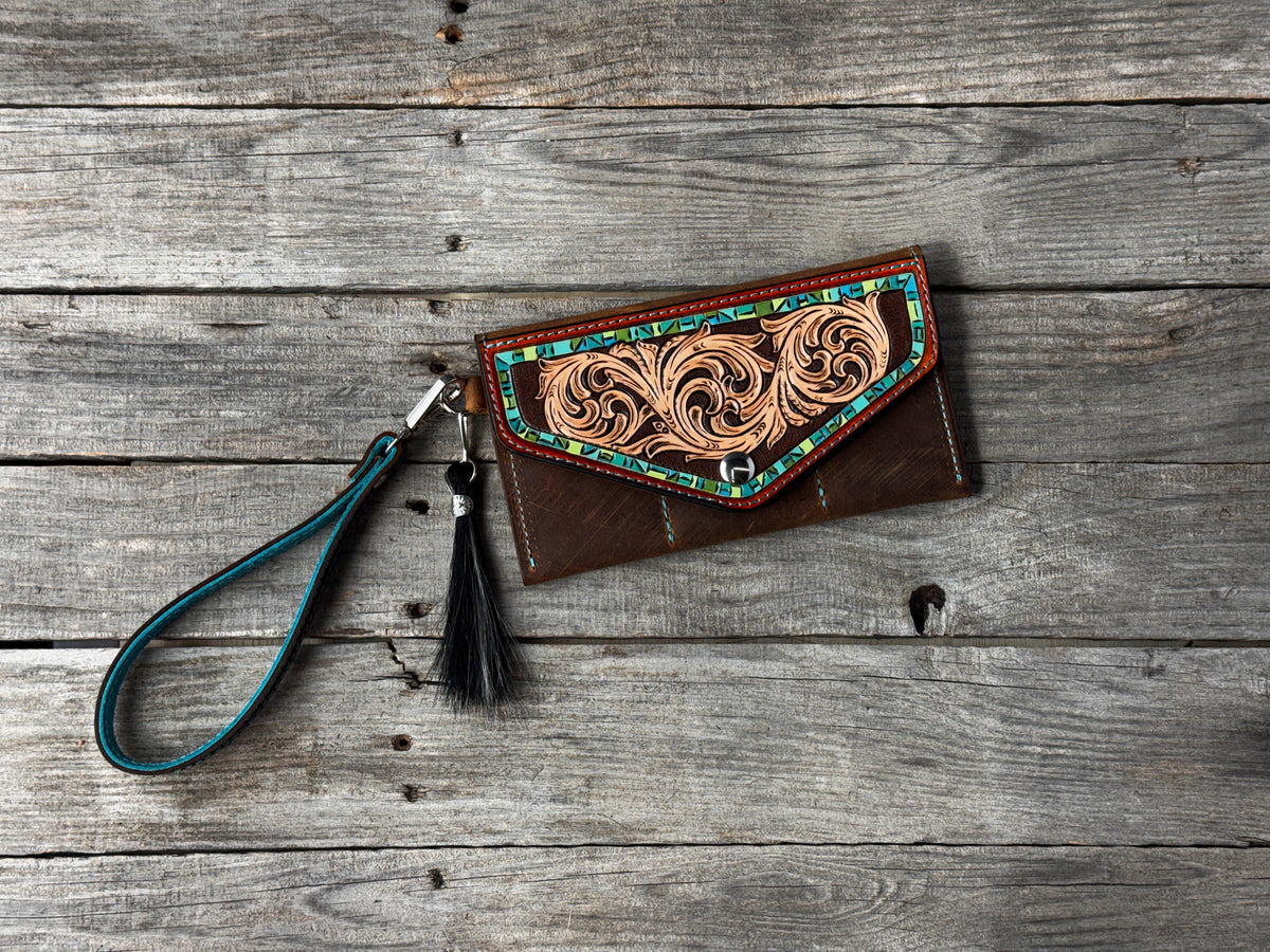 Hand Carved Turquoise Floral Leather Clutch Wallet with Horsehair Tassel