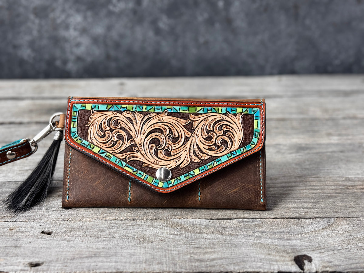 Hand Carved Turquoise Floral Leather Clutch Wallet with Horsehair Tassel