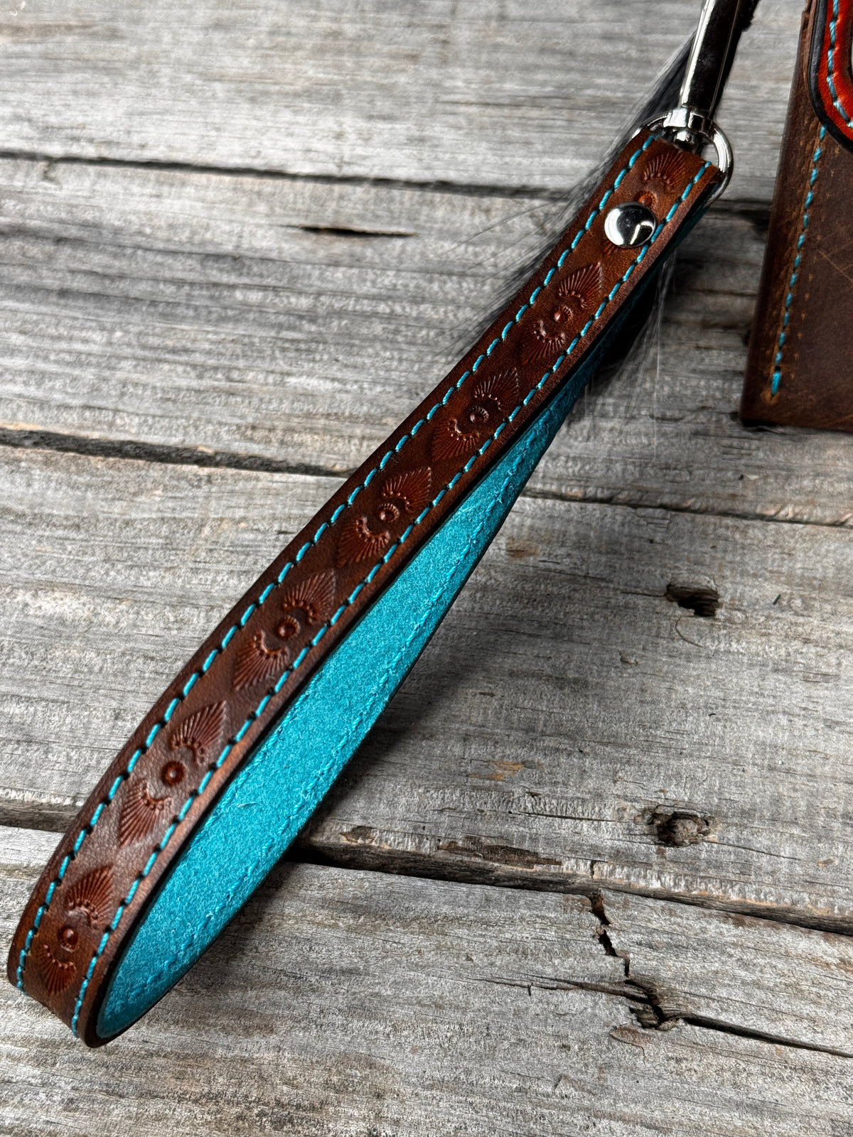 Hand Carved Turquoise Floral Leather Clutch Wallet with Horsehair Tassel