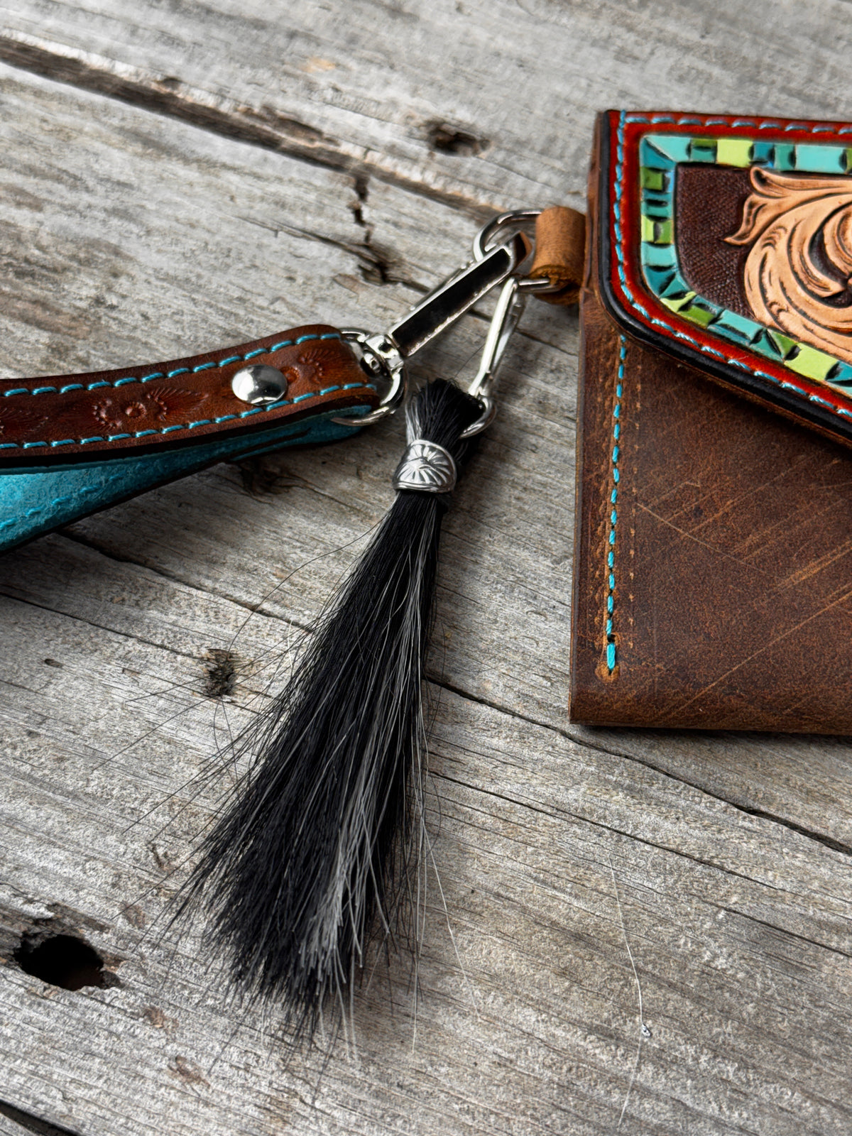 Hand Carved Turquoise Floral Leather Clutch Wallet with Horsehair Tassel
