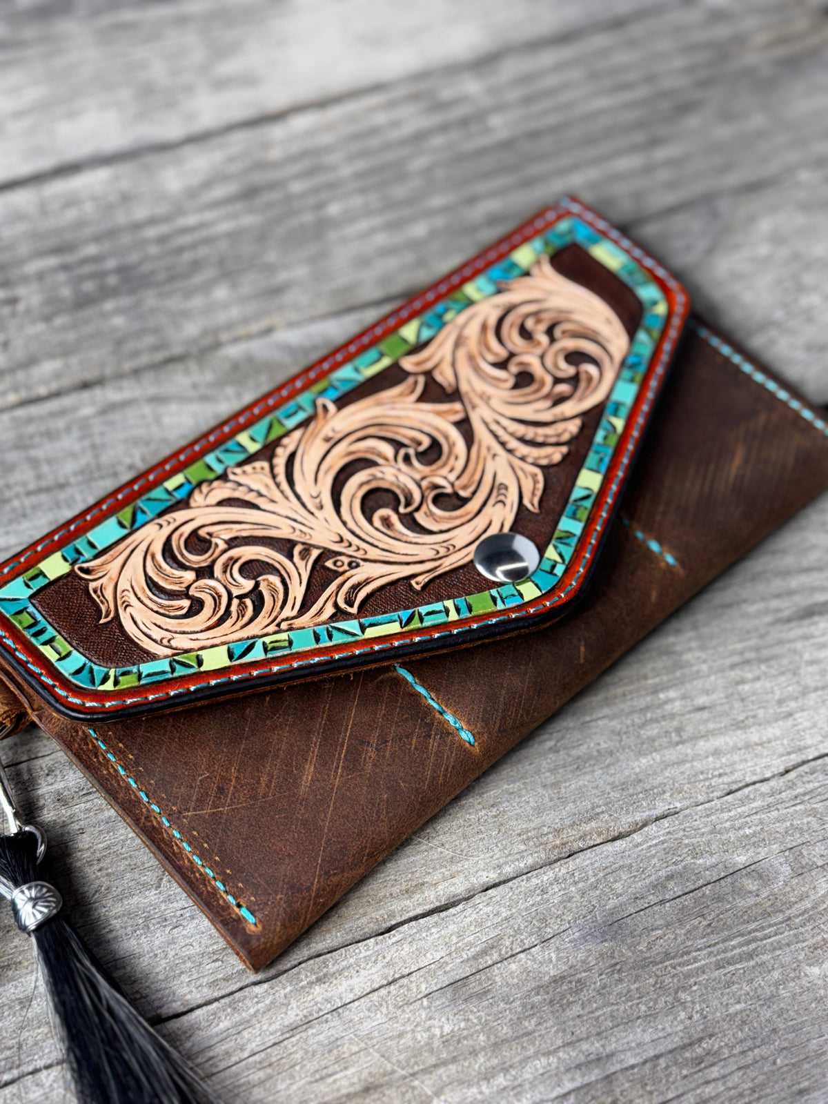 Hand Carved Turquoise Floral Leather Clutch Wallet with Horsehair Tassel