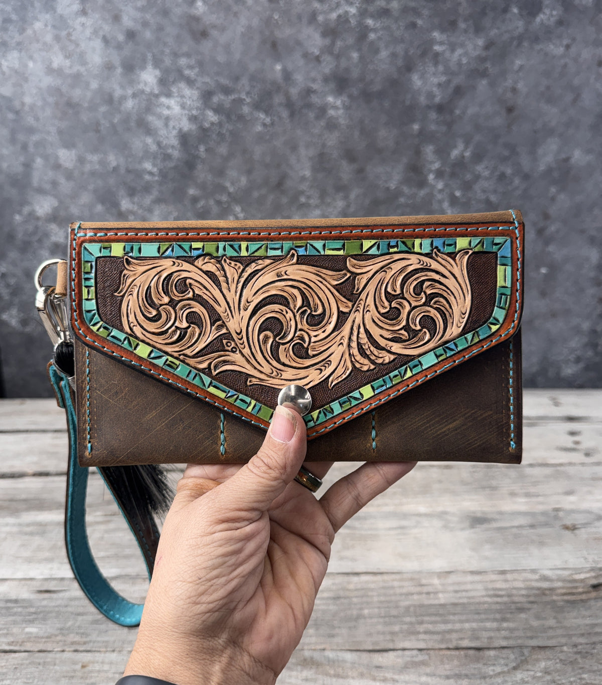 Hand Carved Turquoise Floral Leather Clutch Wallet with Horsehair Tassel