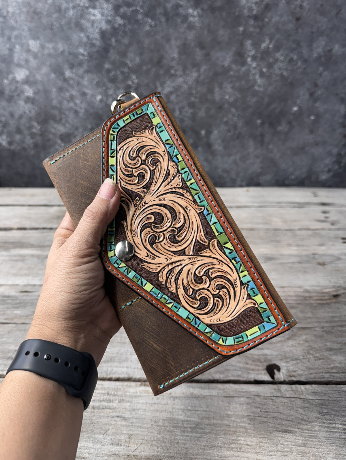 Hand Carved Turquoise Floral Leather Clutch Wallet with Horsehair Tassel