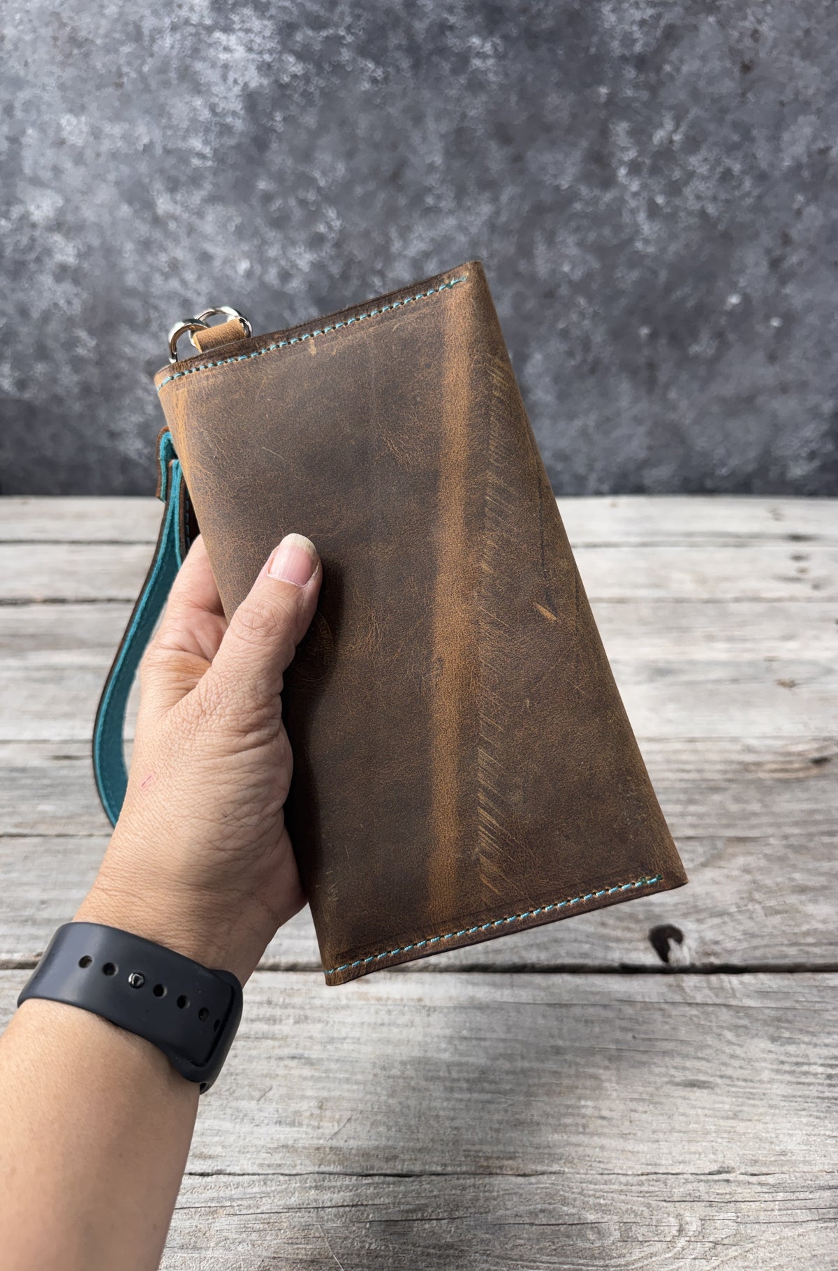 Hand Carved Turquoise Floral Leather Clutch Wallet with Horsehair Tassel