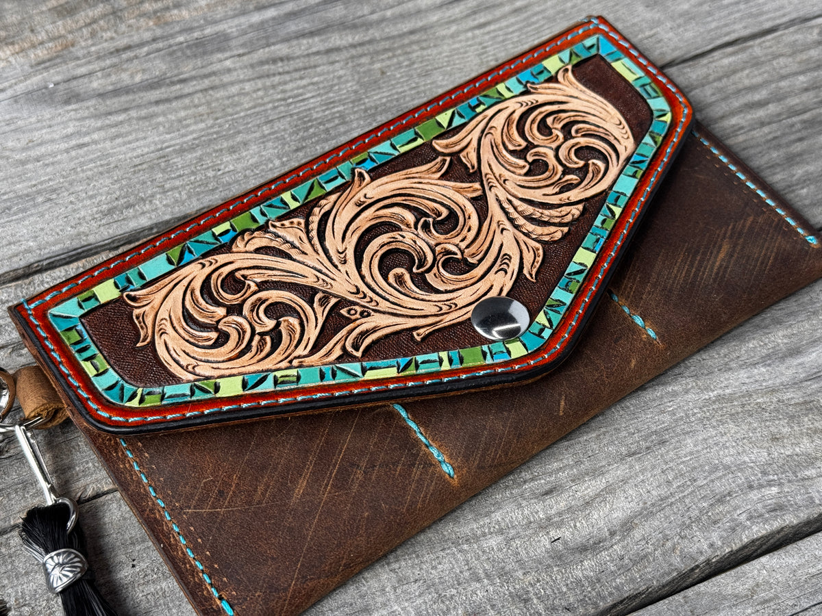 Hand Carved Turquoise Floral Leather Clutch Wallet with Horsehair Tassel