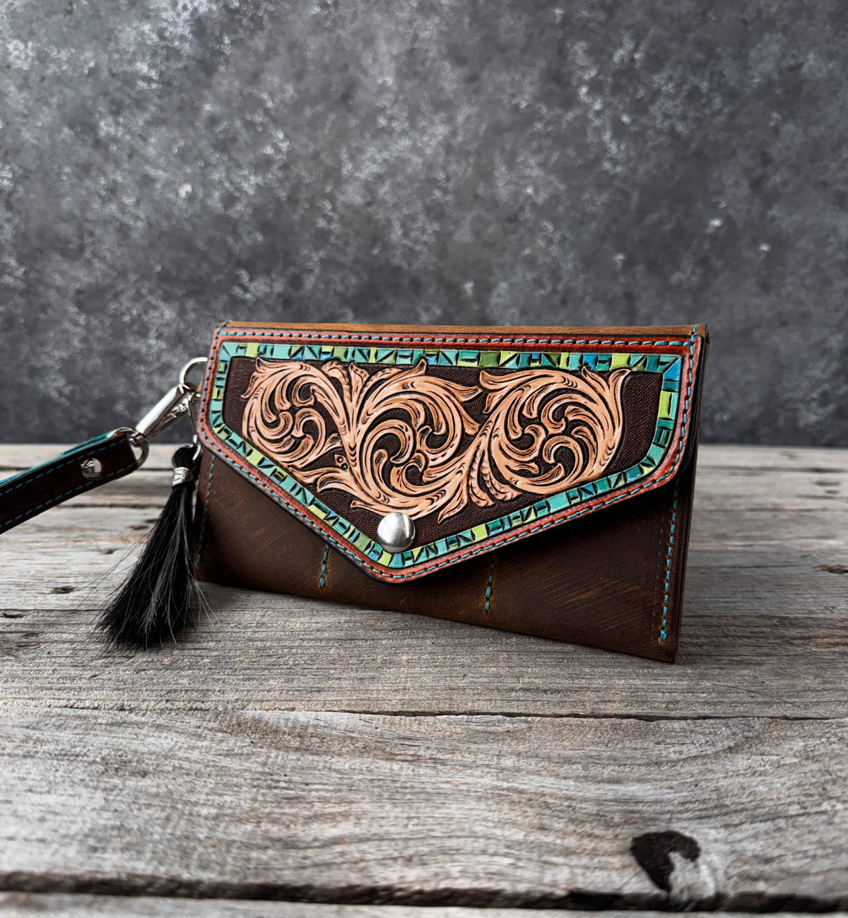 Hand Carved Turquoise Floral Leather Clutch Wallet with Horsehair Tassel