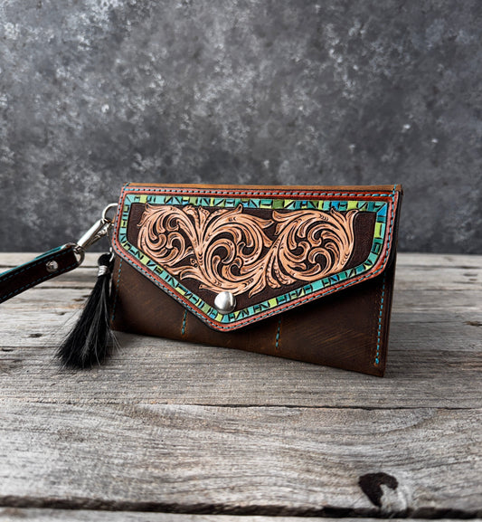 Hand Carved Turquoise Floral Leather Clutch Wallet with Horsehair Tassel