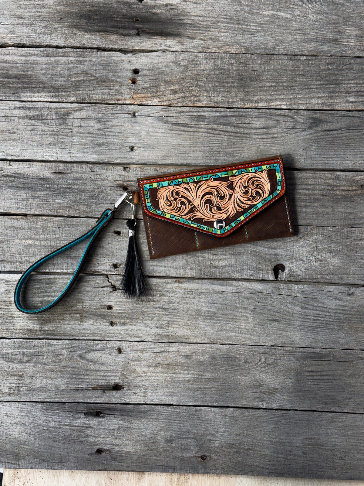 Hand Carved Turquoise Floral Leather Clutch Wallet with Horsehair Tassel