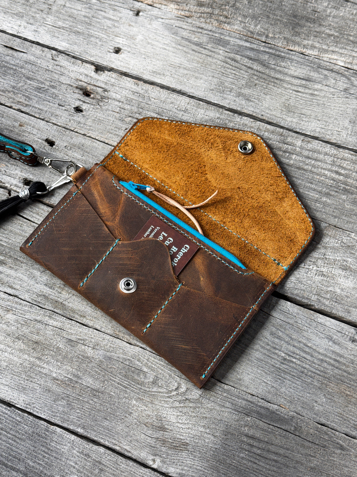 Hand Carved Turquoise Floral Leather Clutch Wallet with Horsehair Tassel