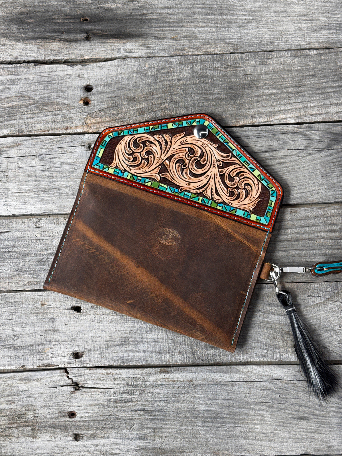Hand Carved Turquoise Floral Leather Clutch Wallet with Horsehair Tassel