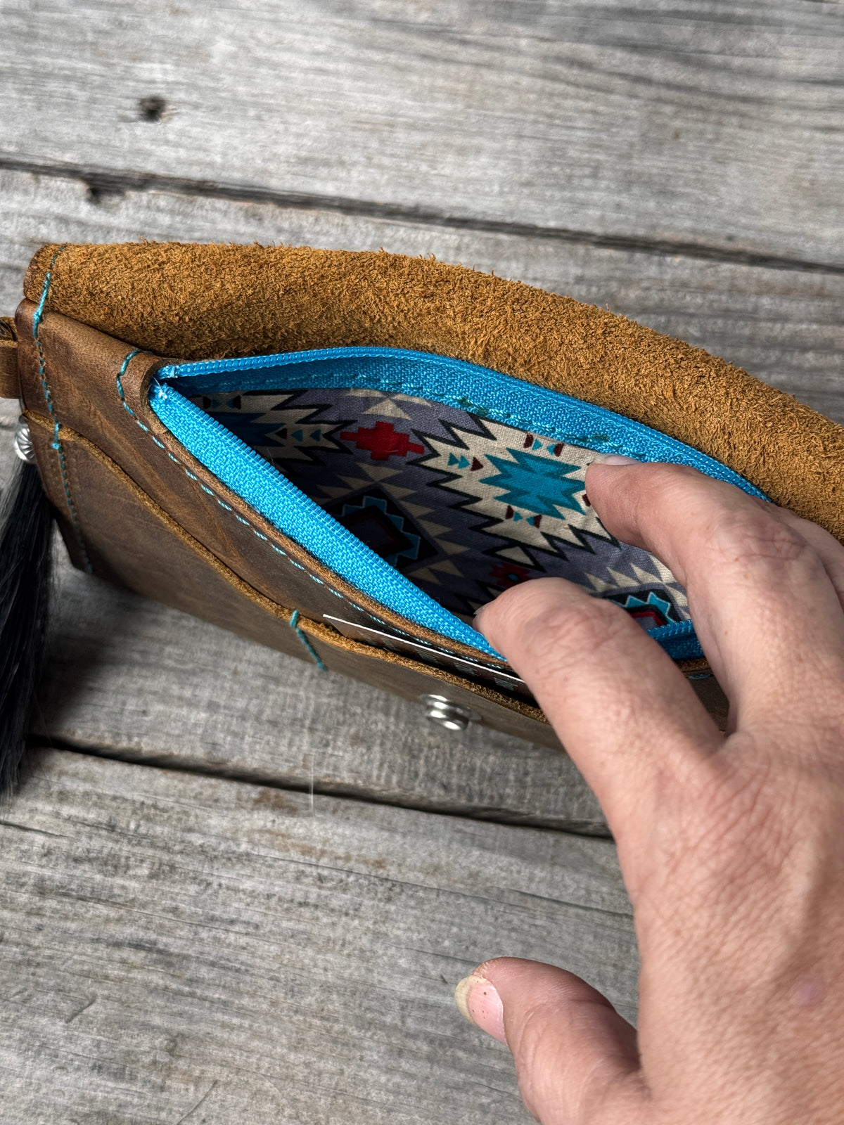 Hand Carved Turquoise Floral Leather Clutch Wallet with Horsehair Tassel