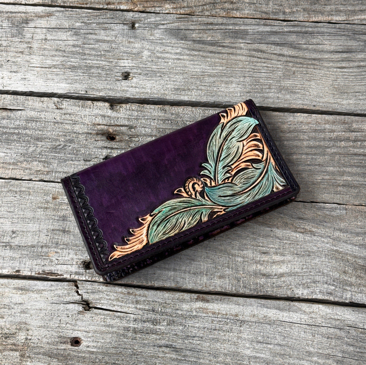 Black Cherry & Turquoise Feather Leather Checkbook Cover