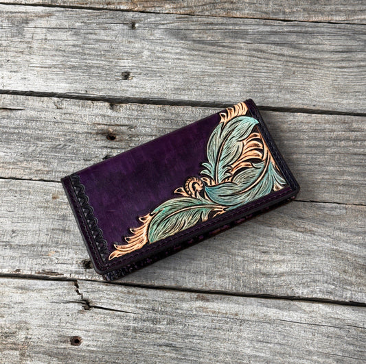 Black Cherry & Turquoise Feather Leather Checkbook Cover