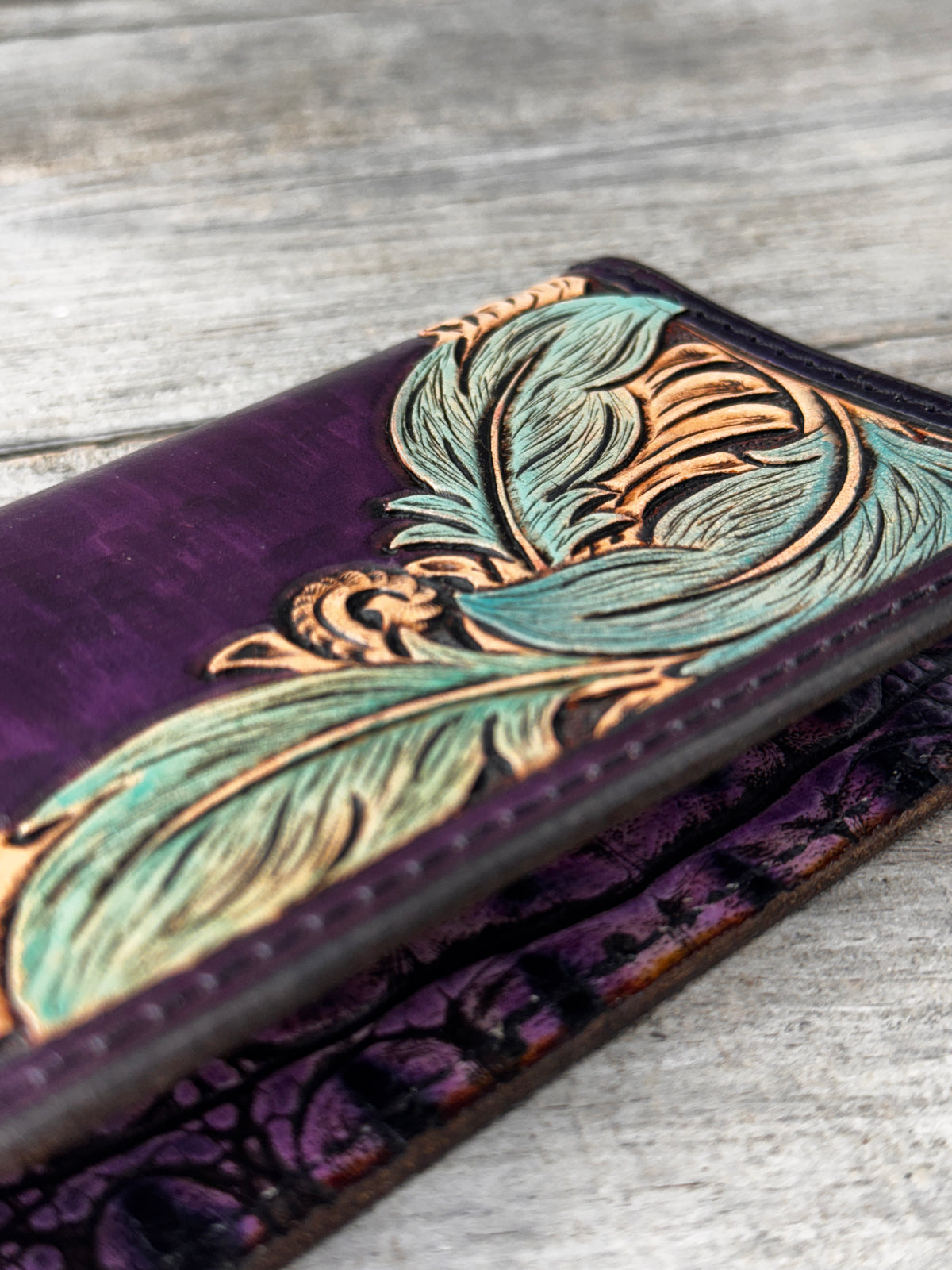 Black Cherry & Turquoise Feather Leather Checkbook Cover