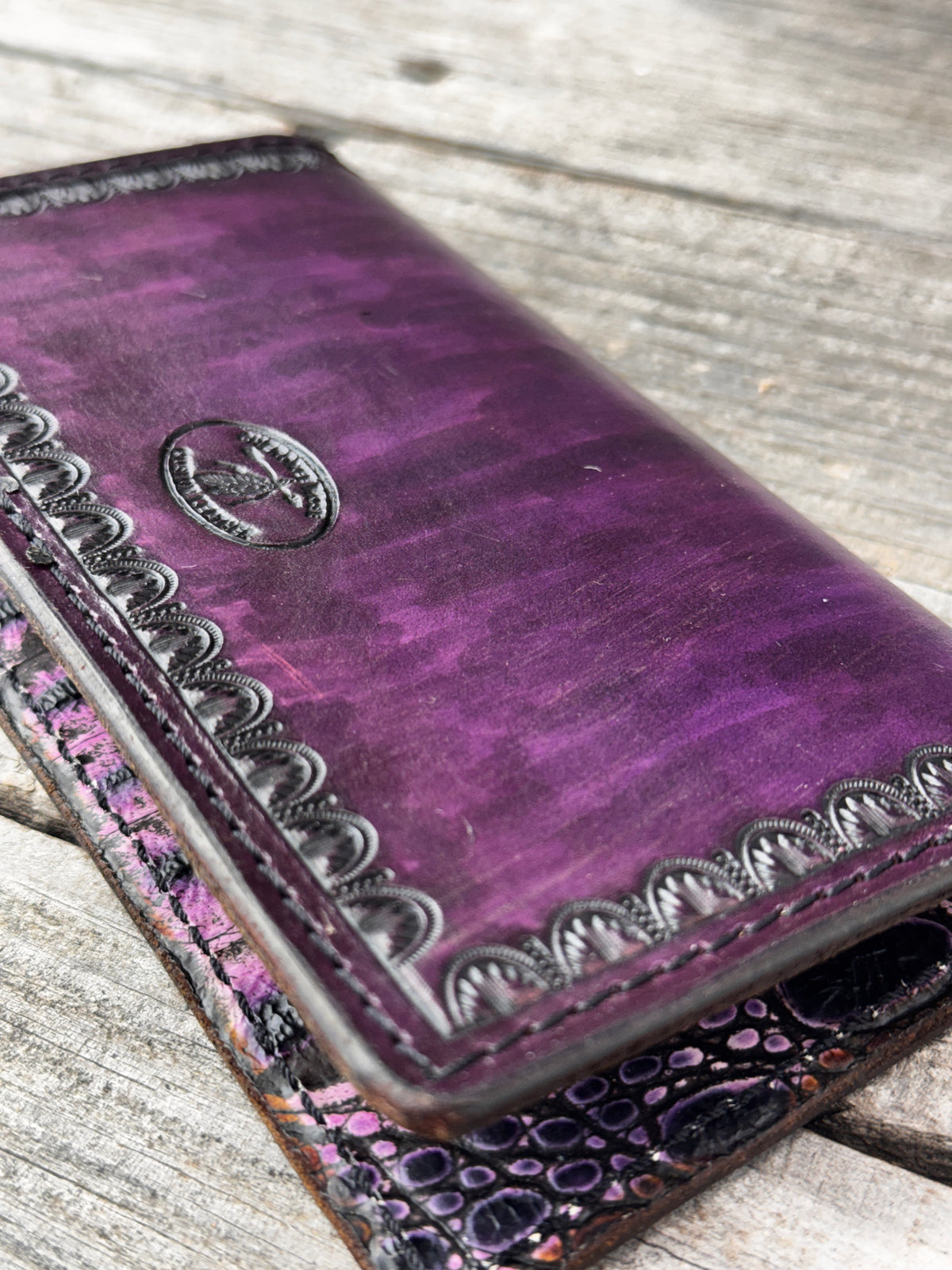 Black Cherry & Turquoise Feather Leather Checkbook Cover