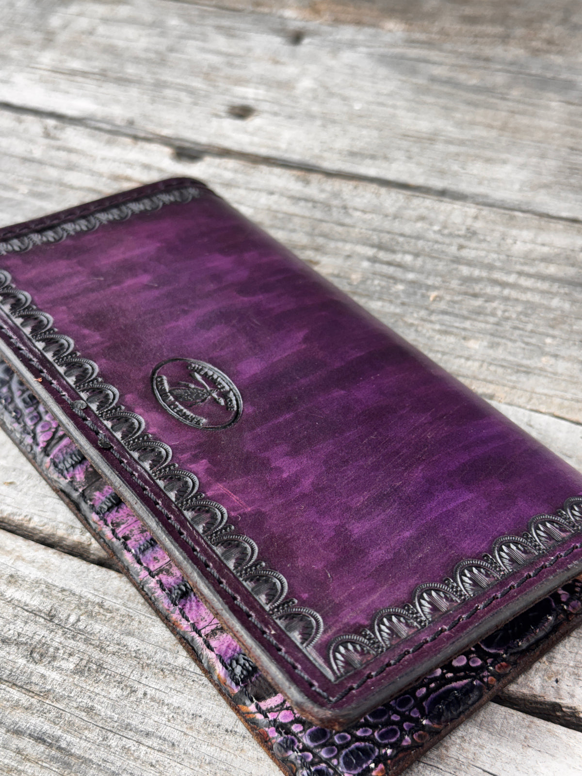 Black Cherry & Turquoise Feather Leather Checkbook Cover