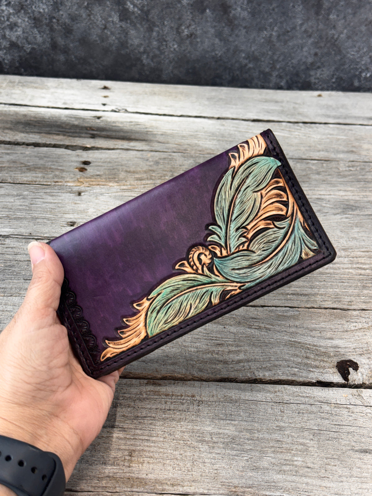 Black Cherry & Turquoise Feather Leather Checkbook Cover