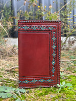 Hand Stamped Leather Field Notes Cover – Bordeaux with Turquoise Accents