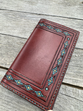 Hand Stamped Leather Field Notes Cover – Bordeaux with Turquoise Accents