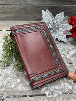 Hand Stamped Leather Field Notes Cover – Bordeaux with Turquoise Accents