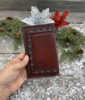 Hand Stamped Leather Field Notes Cover – Bordeaux with Turquoise Accents