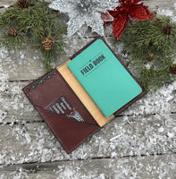 Hand Stamped Leather Field Notes Cover – Bordeaux with Turquoise Accents