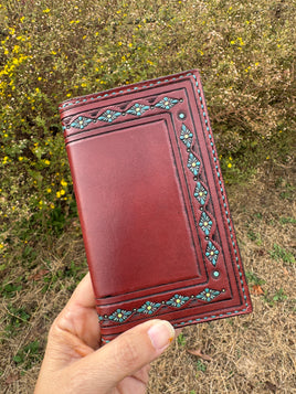 Hand Stamped Leather Field Notes Cover – Bordeaux with Turquoise Accents