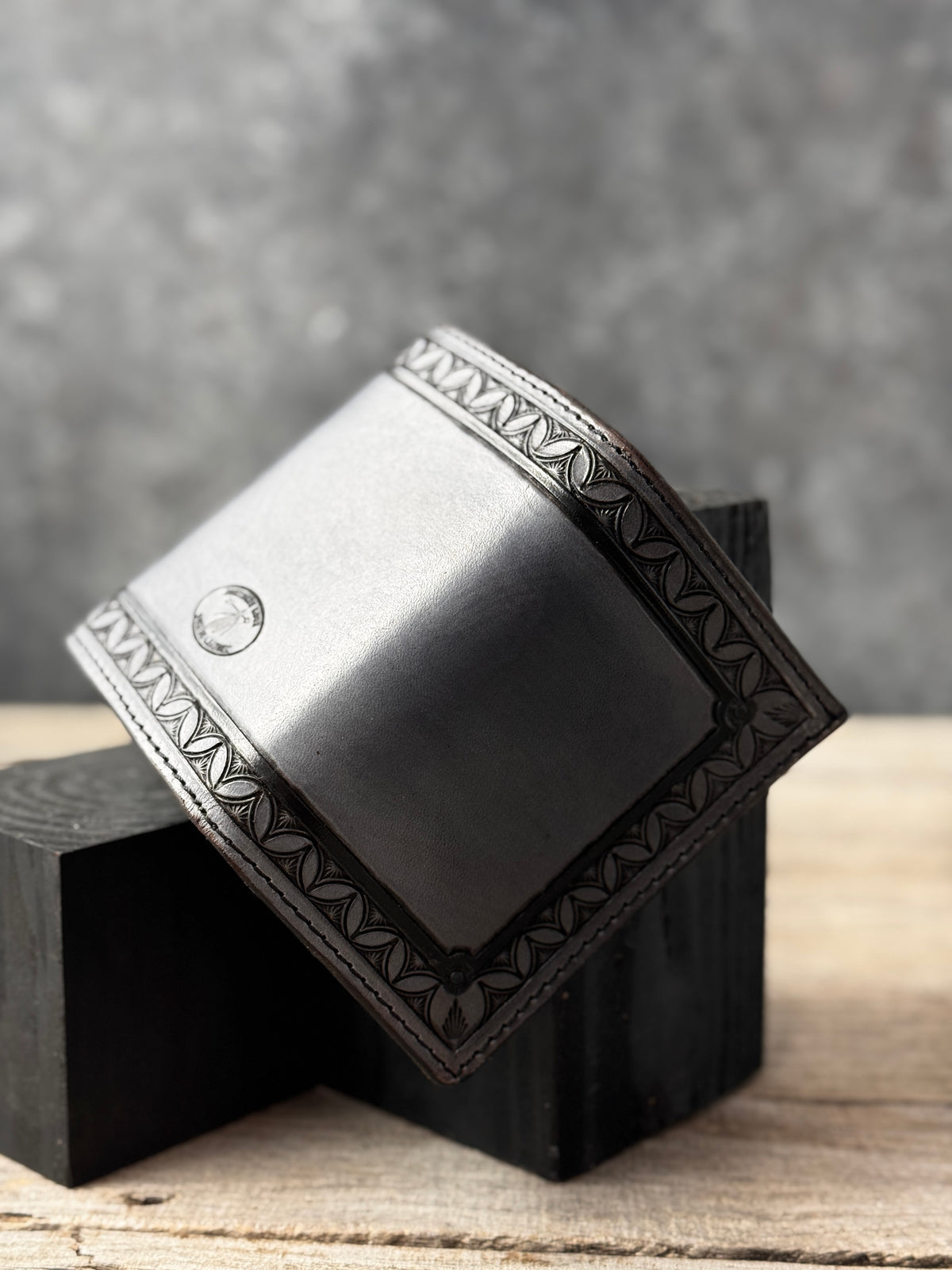 Hand Stamped Steel Gray Western Leather Trifold Wallet