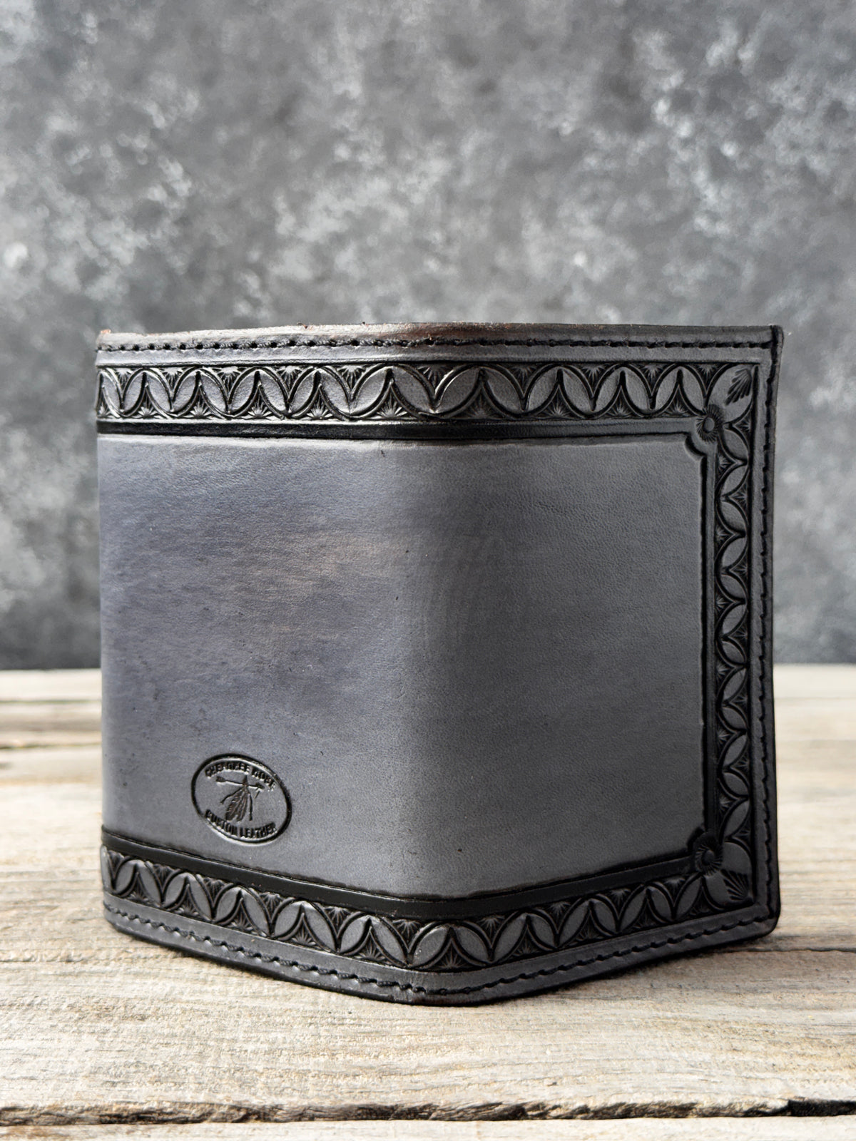 Hand Stamped Steel Gray Western Leather Trifold Wallet