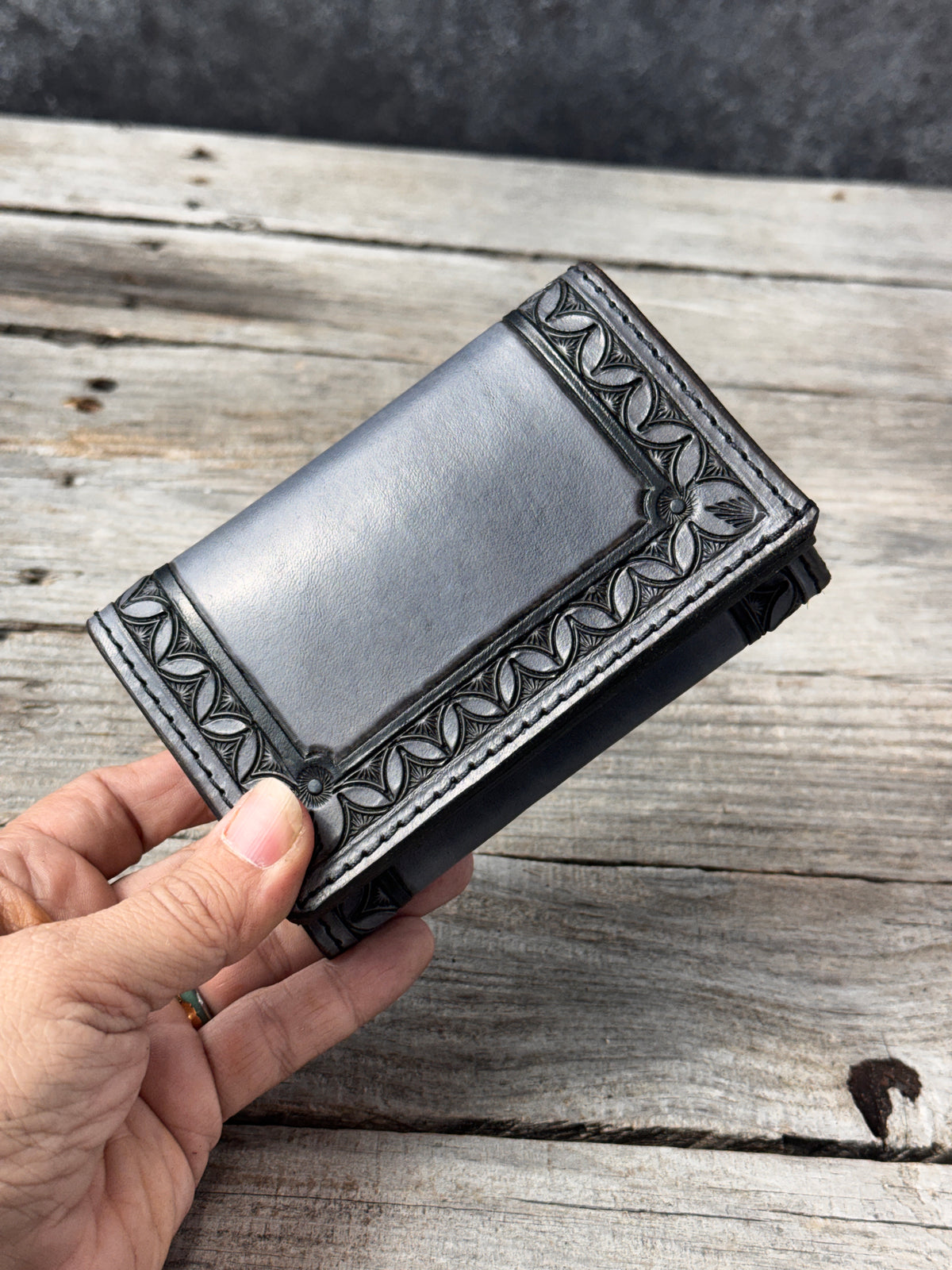 Hand Stamped Steel Gray Western Leather Trifold Wallet
