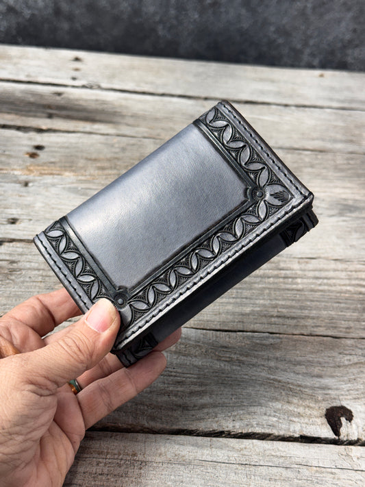 Hand Stamped Steel Gray Western Leather Trifold Wallet
