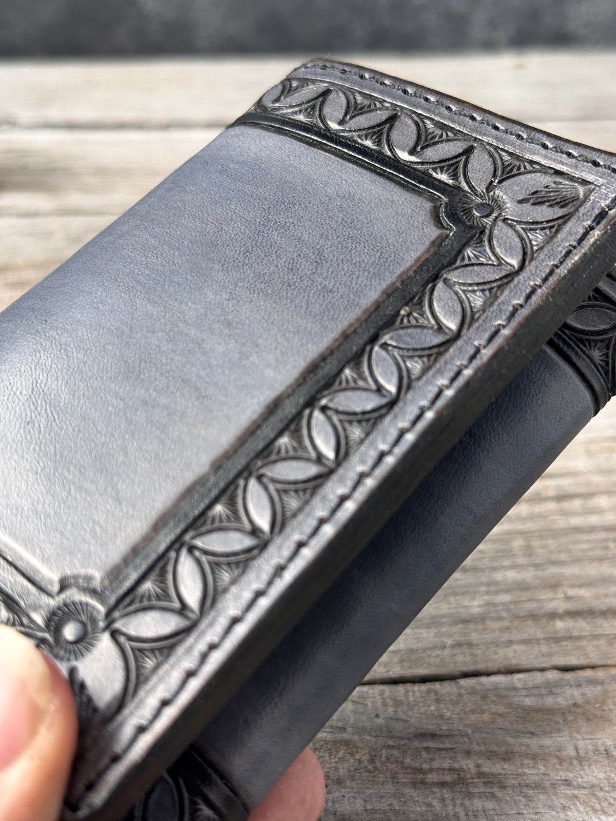Hand Stamped Steel Gray Western Leather Trifold Wallet