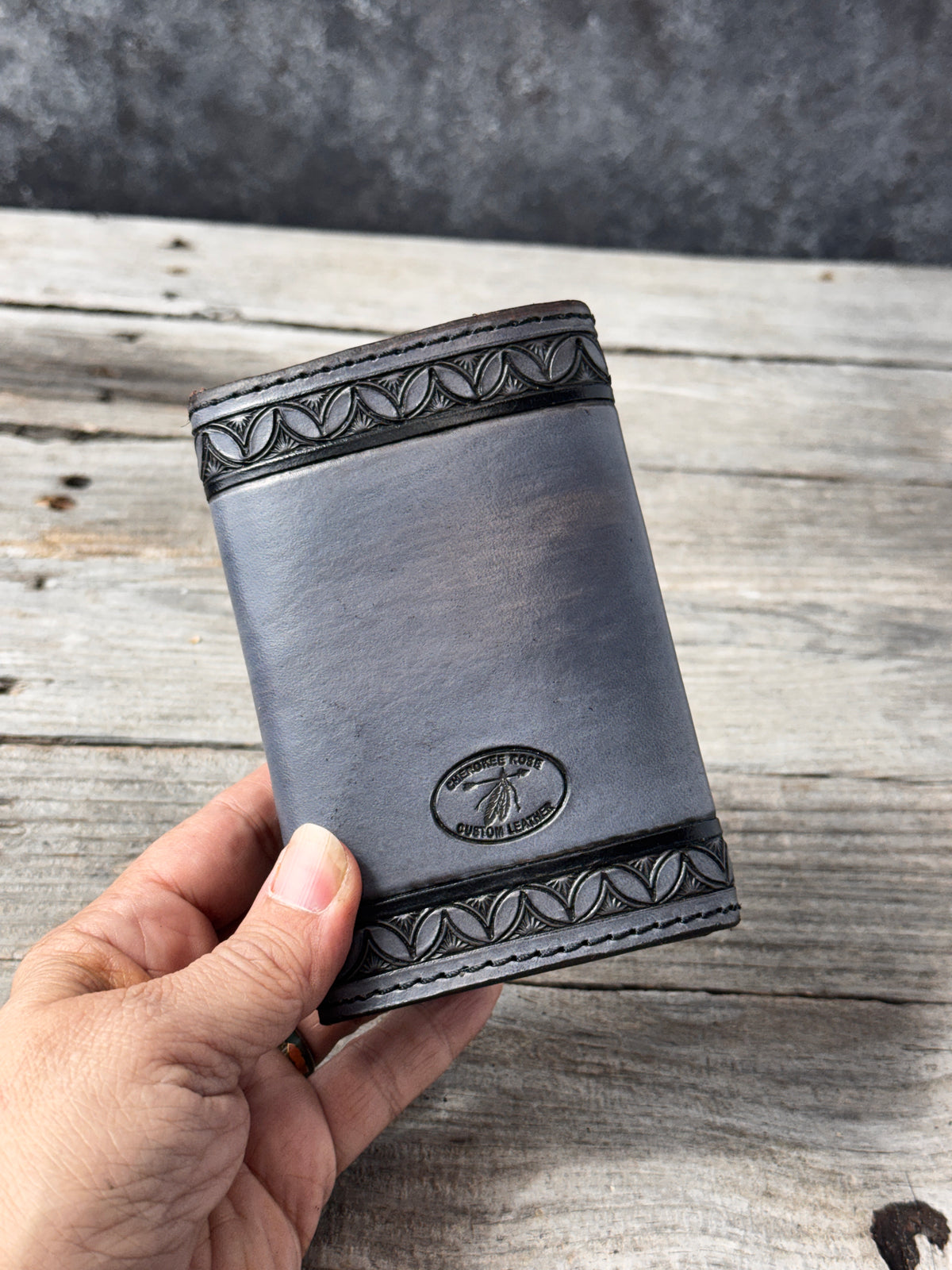 Hand Stamped Steel Gray Western Leather Trifold Wallet