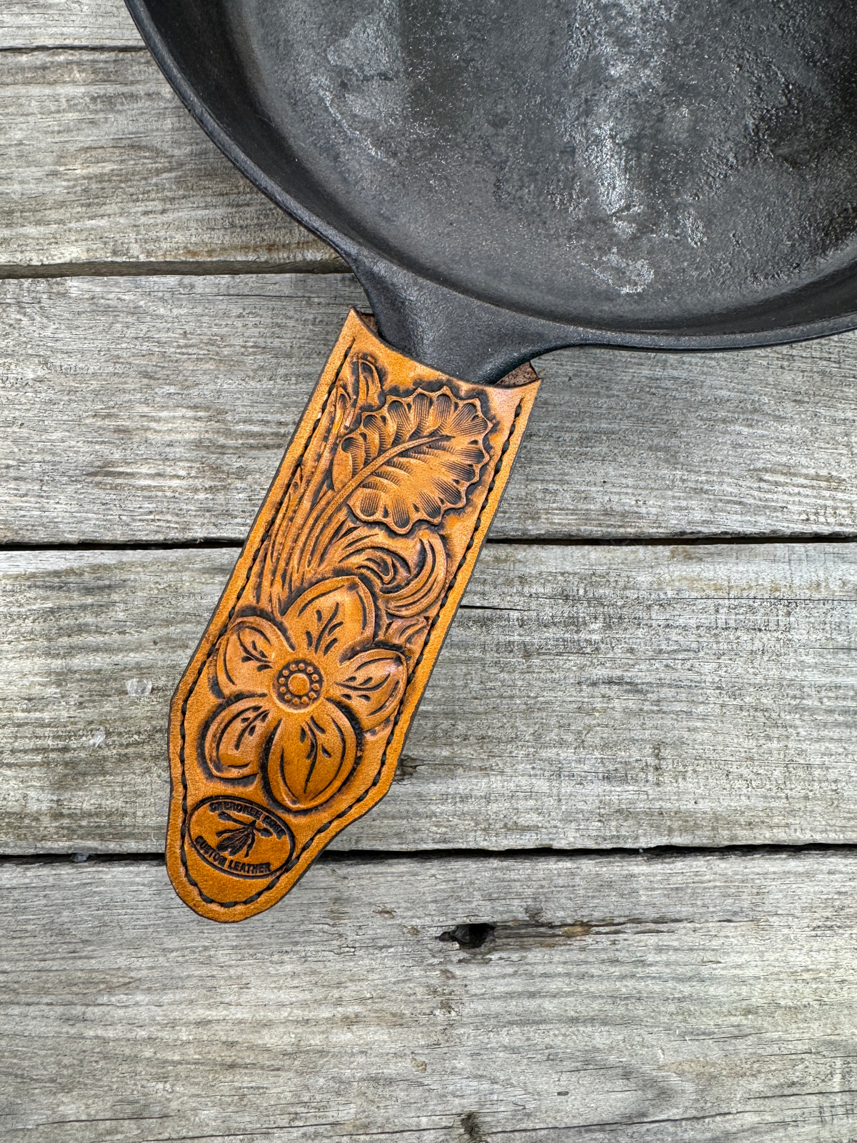 Hand Tooled Leather Cast Iron Skillet Handle Cover – Modern Western Floral Design