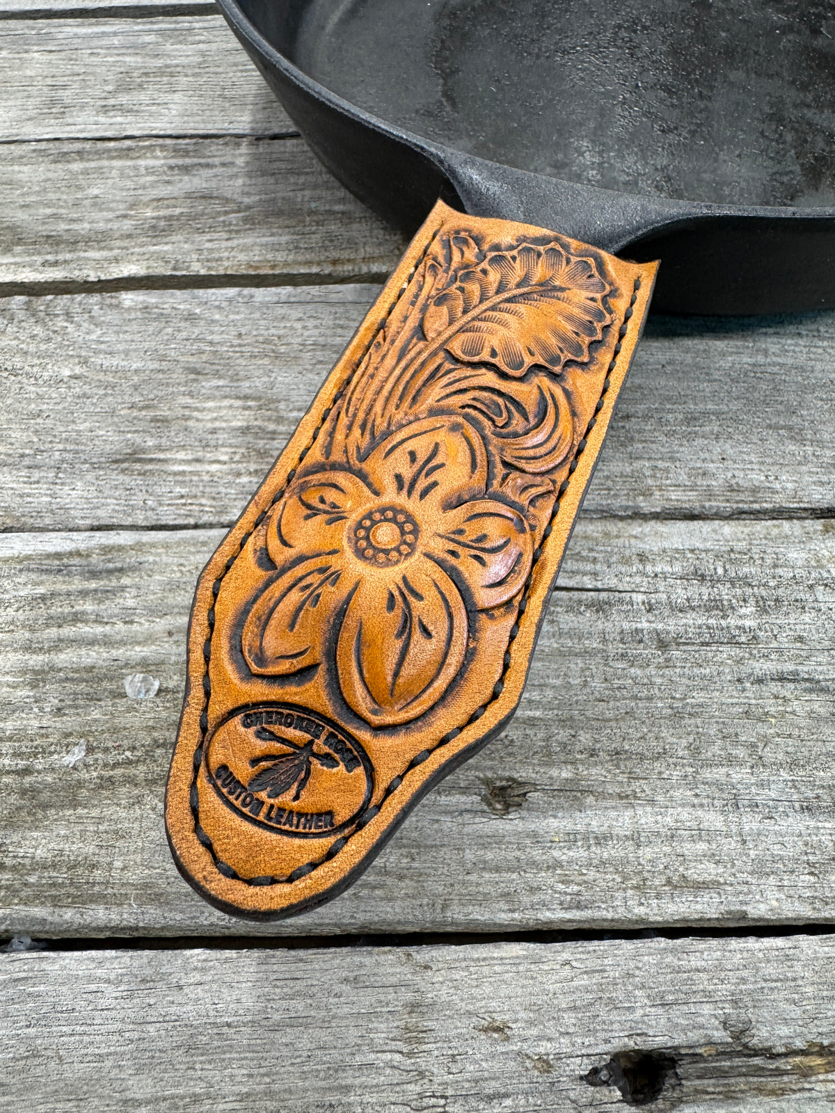 Hand Tooled Leather Cast Iron Skillet Handle Cover – Modern Western Floral Design