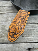 Hand Tooled Leather Cast Iron Skillet Handle Cover – Modern Western Floral Design