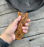Hand Tooled Leather Cast Iron Skillet Handle Cover – Modern Western Floral Design