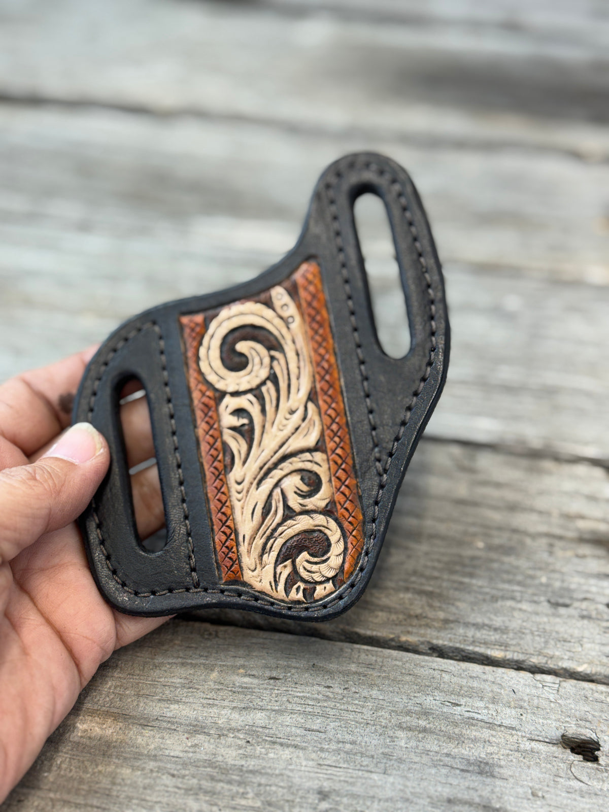 Carved Floral Wide Slanted Pancake Knife Sheath