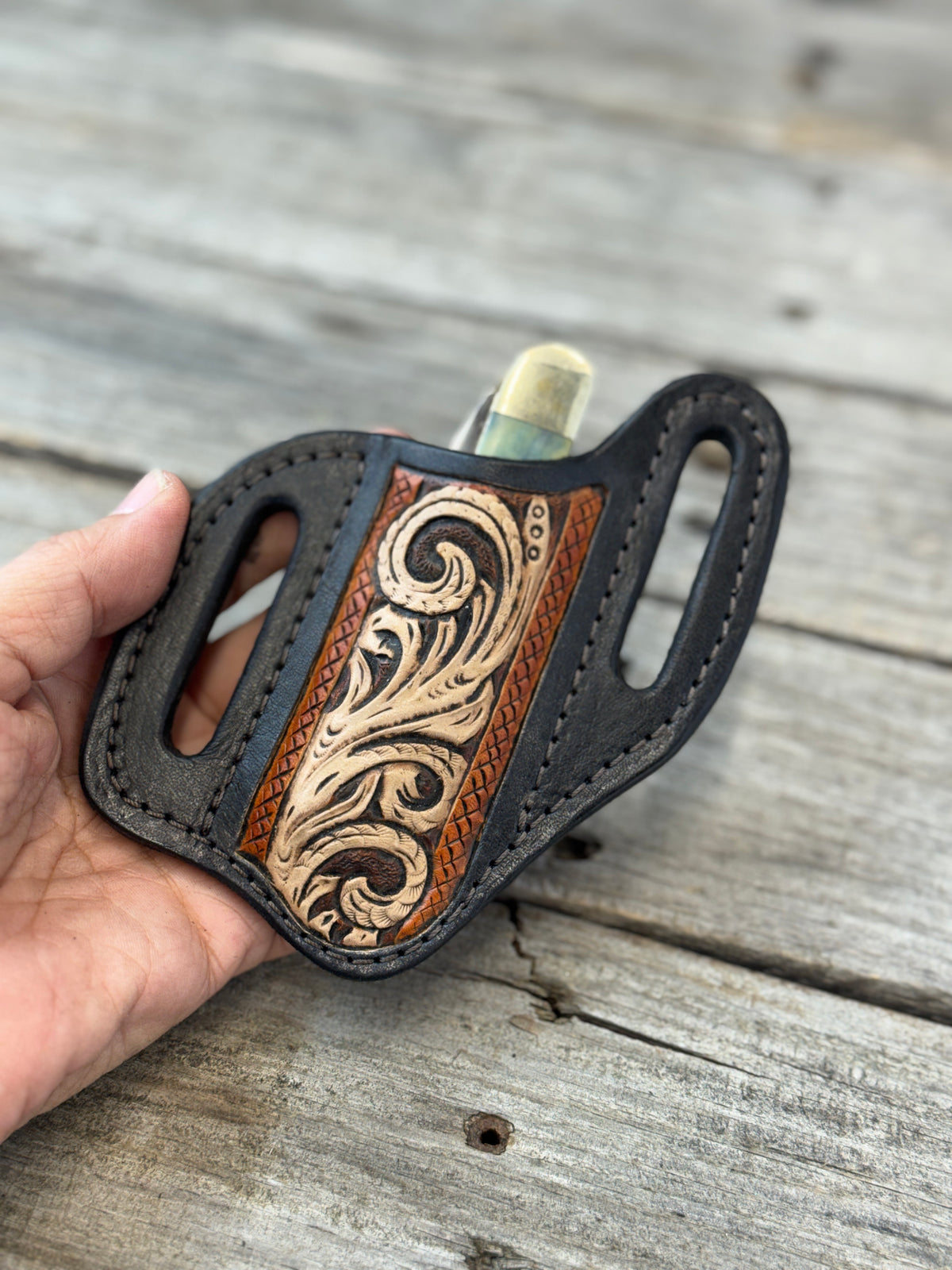 Carved Floral Wide Slanted Pancake Knife Sheath