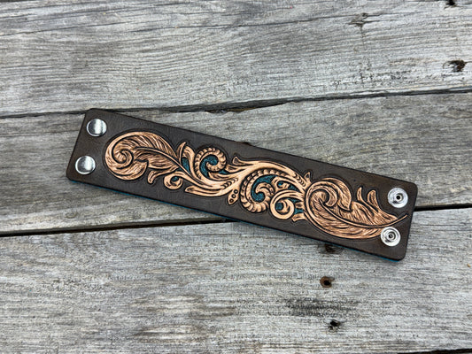 Wide Floral Scrollwork Leather Cuff Bracelet