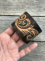 Wide Floral Scrollwork Leather Cuff Bracelet